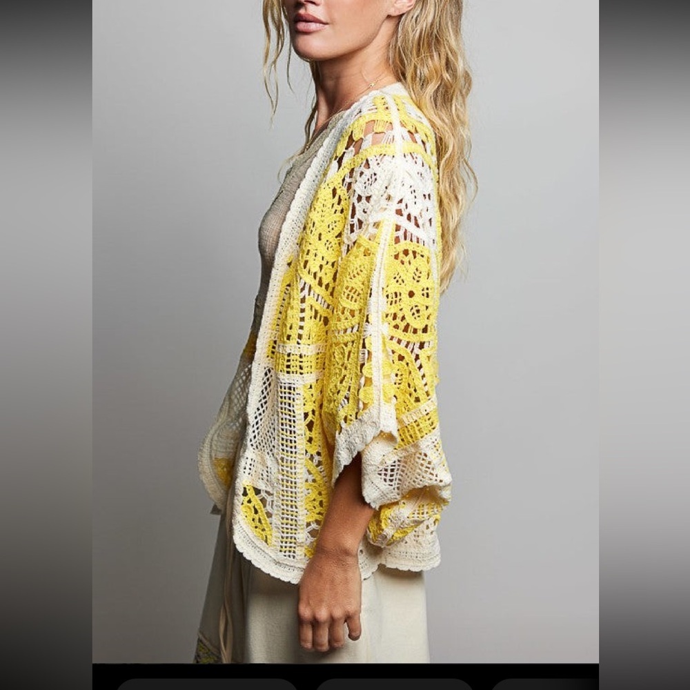 POL.  Yellow and White Crochet Kimono Cardigan. Sizing is Ons/Size Fit 4/16 - Picture 3 of 3
